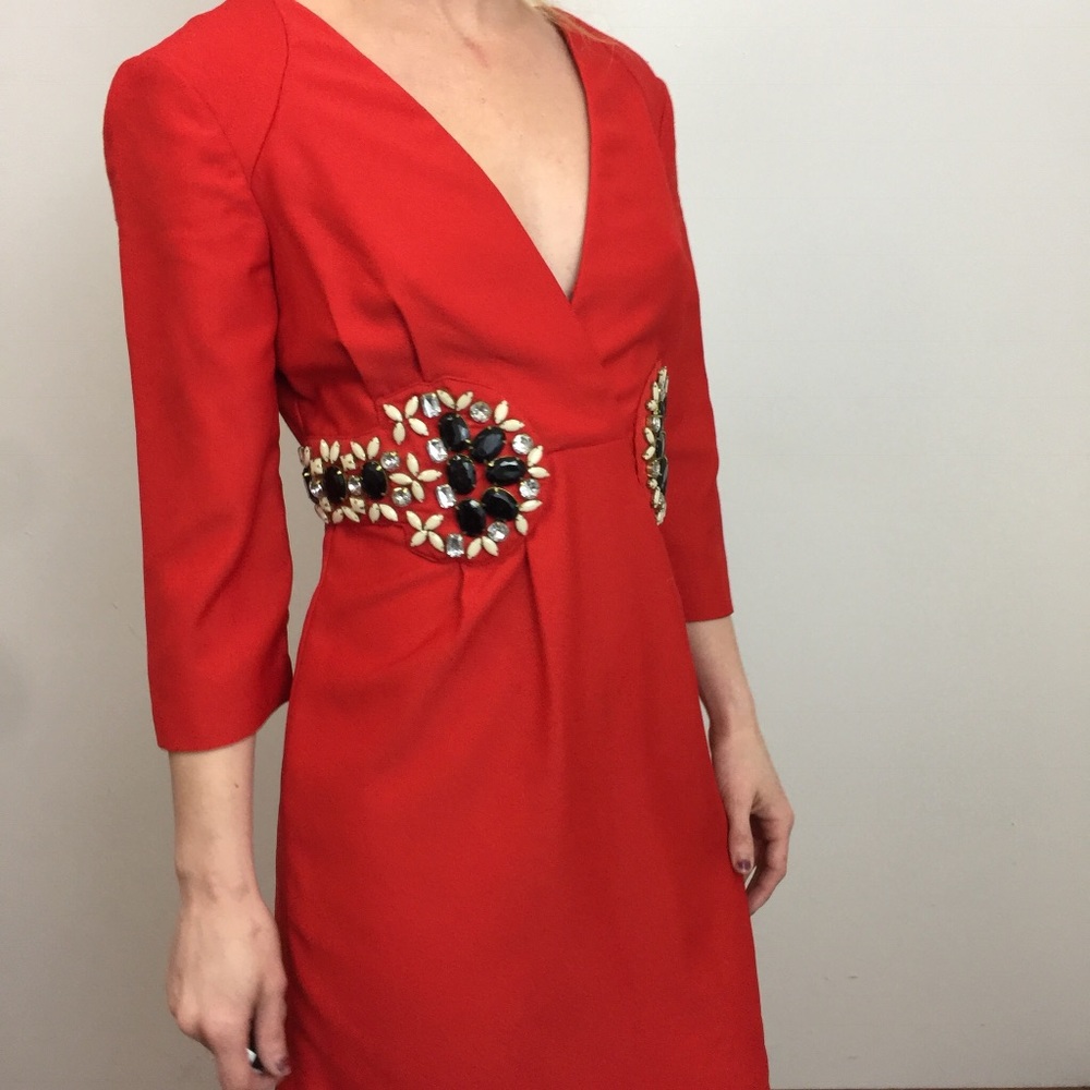 KARTA Red Party Heavy Beaded Gem Mini V-neck Dress - Picture 4 of 8